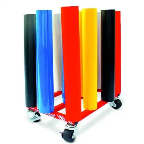 Bastidor porta rollos móvil de 12 bobinas para vinilos y lonas