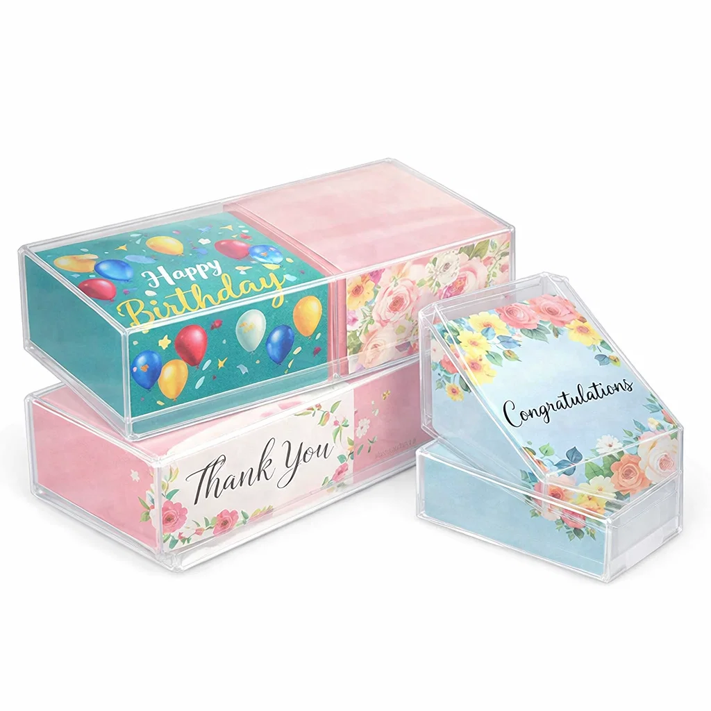 caja dispensador de tarjetas de felicitación para mostrador