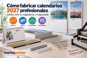 Calendarios 2027 en producción: varillas metálicas, colgadores y bobina de wire-o