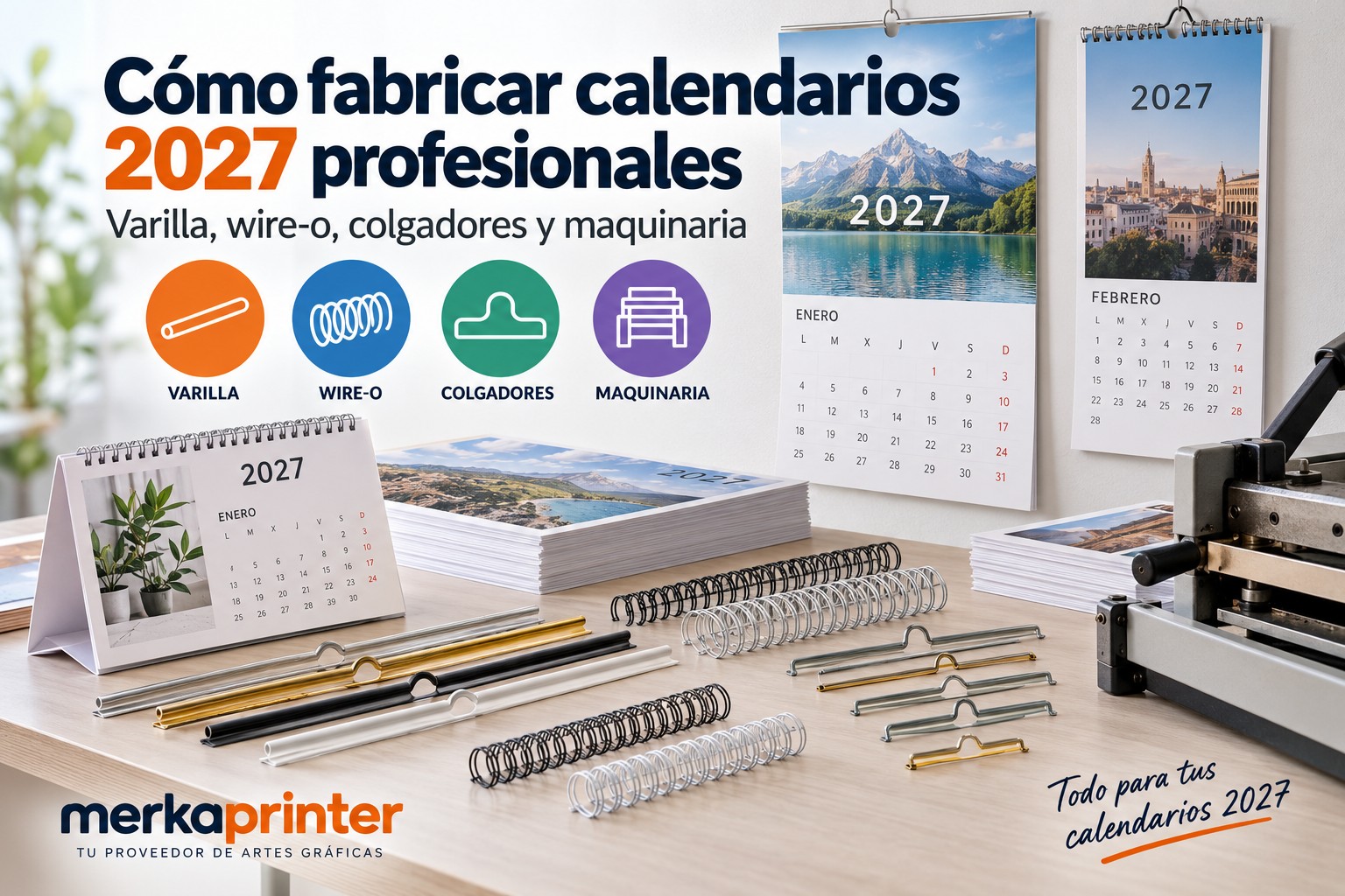 Calendarios 2027 en producción: varillas metálicas, colgadores y bobina de wire-o