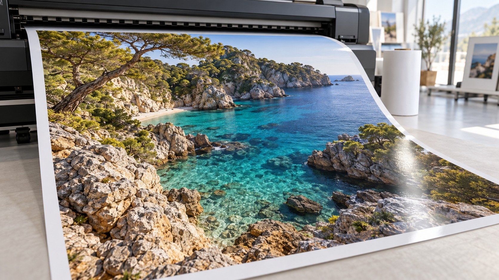 Bobina de papel plotter montada en un plotter de gran formato