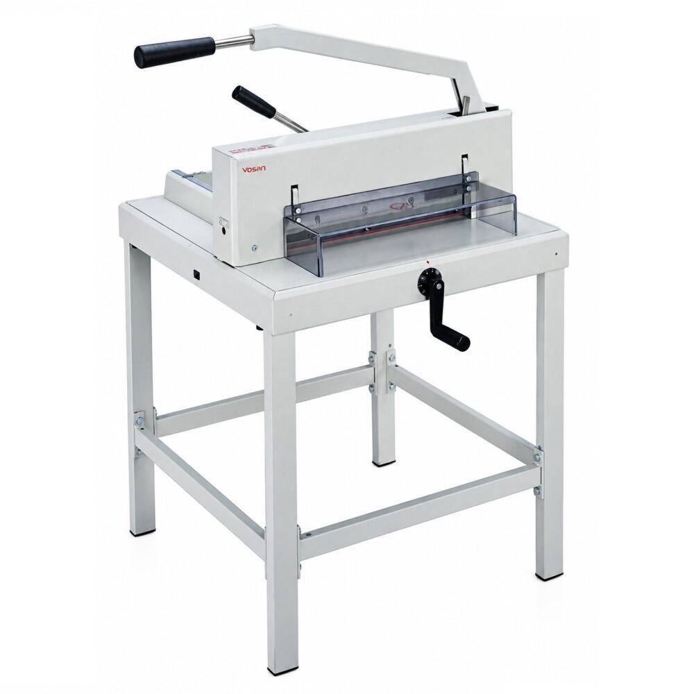 Guillotina manual Yosan 4700 de acero con mesa soporte, pisón de volante y escuadra trasera