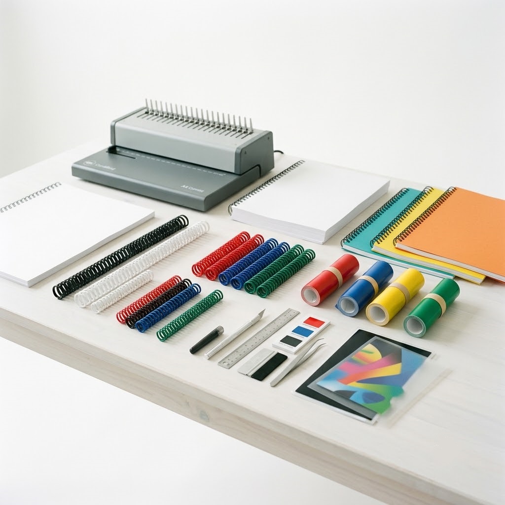 Materiales de artes gráficas Merkaprinter: espirales, papeles, vinilos y maquinaria de encuadernación